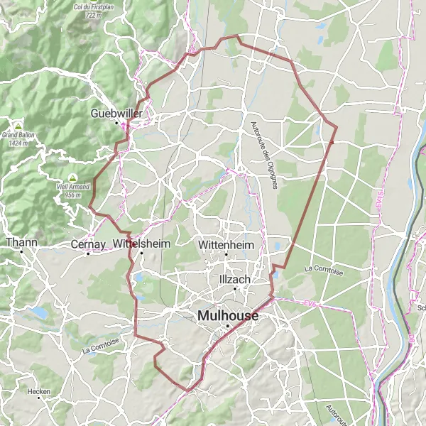 Miniature de la carte de l'inspiration cycliste "La Grande Boucle des Vignobles" dans la Alsace, France. Générée par le planificateur d'itinéraire cycliste Tarmacs.app