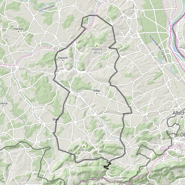 Miniature de la carte de l'inspiration cycliste "Circuit des Villages du Sundgau" dans la Alsace, France. Générée par le planificateur d'itinéraire cycliste Tarmacs.app