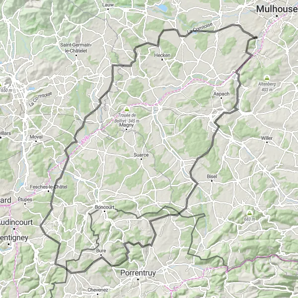 Miniature de la carte de l'inspiration cycliste "Escapade dans le Sundgau" dans la Alsace, France. Générée par le planificateur d'itinéraire cycliste Tarmacs.app