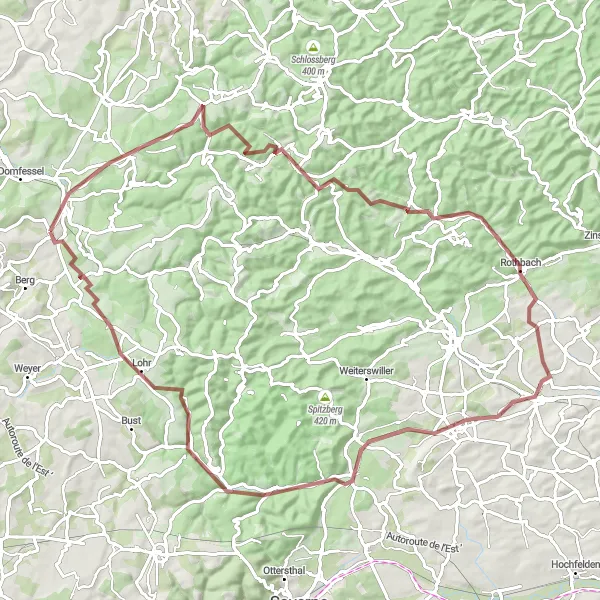 Miniature de la carte de l'inspiration cycliste "Parcours de VTT autour de Diemeringen" dans la Alsace, France. Générée par le planificateur d'itinéraire cycliste Tarmacs.app