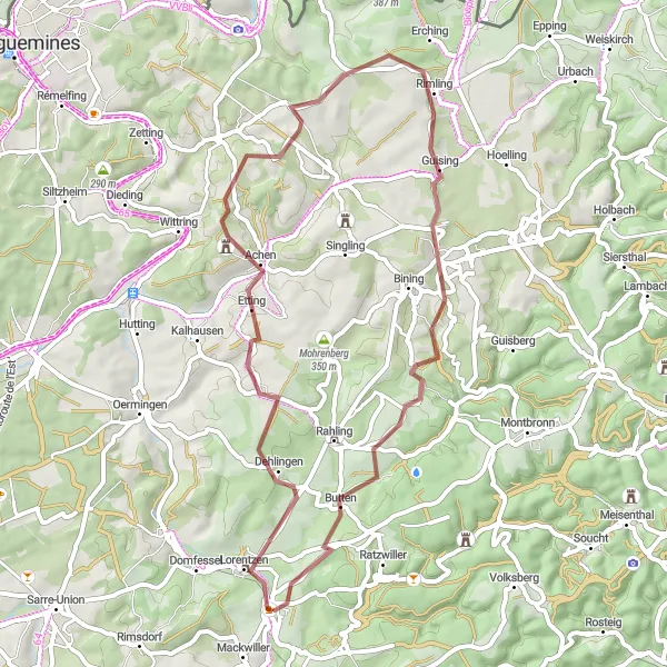 Miniature de la carte de l'inspiration cycliste "Circuit autour de Diemeringen" dans la Alsace, France. Générée par le planificateur d'itinéraire cycliste Tarmacs.app