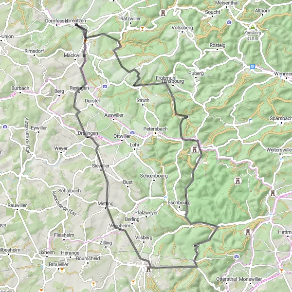 Miniature de la carte de l'inspiration cycliste "Parcours de cyclisme sur route à travers la nature sauvage" dans la Alsace, France. Générée par le planificateur d'itinéraire cycliste Tarmacs.app