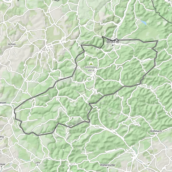 Map miniature of "The Legendary Climbs and Scenic Routes around Diemeringen" cycling inspiration in Alsace, France. Generated by Tarmacs.app cycling route planner