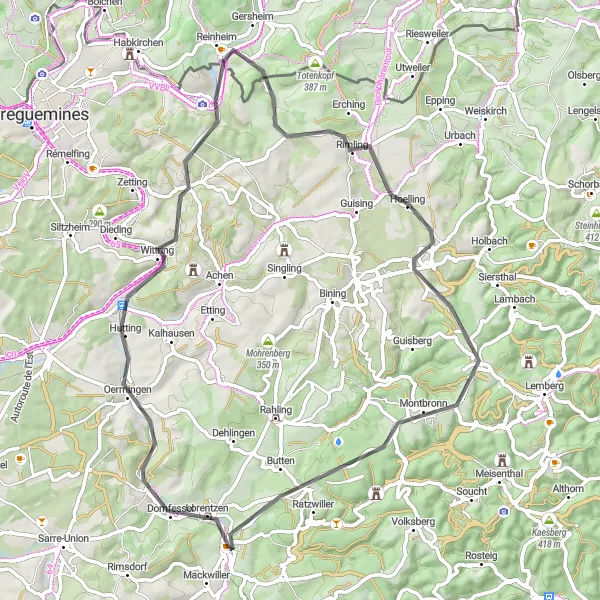 Miniature de la carte de l'inspiration cycliste "Parcours de cyclisme sur route pittoresque" dans la Alsace, France. Générée par le planificateur d'itinéraire cycliste Tarmacs.app