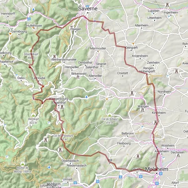 Map miniature of "The Gravel Adventure - Mutzig and Beyond" cycling inspiration in Alsace, France. Generated by Tarmacs.app cycling route planner