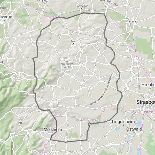 Miniature de la carte de l'inspiration cycliste "Tour de Lupstein et Holtzheim" dans la Alsace, France. Générée par le planificateur d'itinéraire cycliste Tarmacs.app