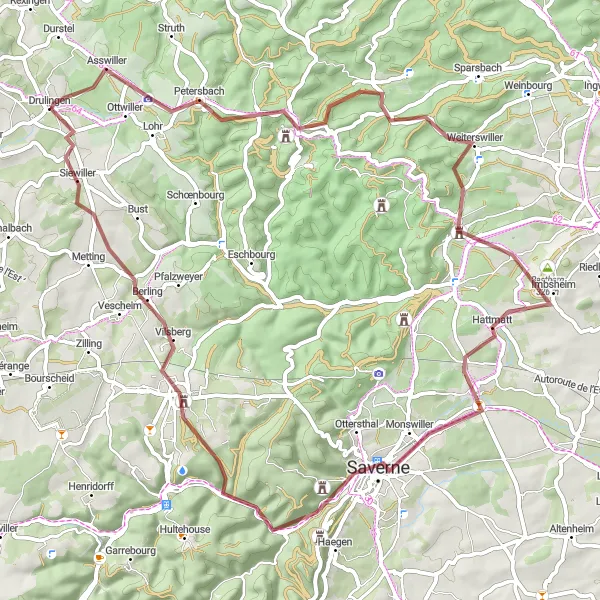 Map miniature of "Roadtrip through Rosheim, Lièpvre and Villé" cycling inspiration in Alsace, France. Generated by Tarmacs.app cycling route planner