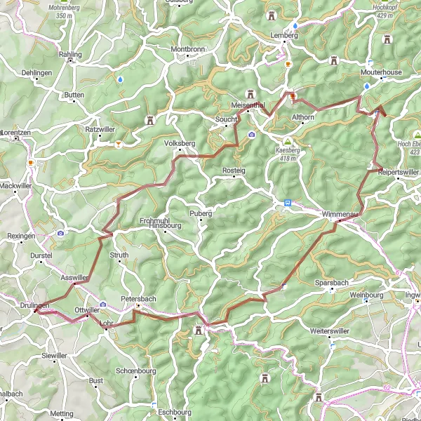 Map miniature of "Ascending Hills and Discovering Forest Trails" cycling inspiration in Alsace, France. Generated by Tarmacs.app cycling route planner