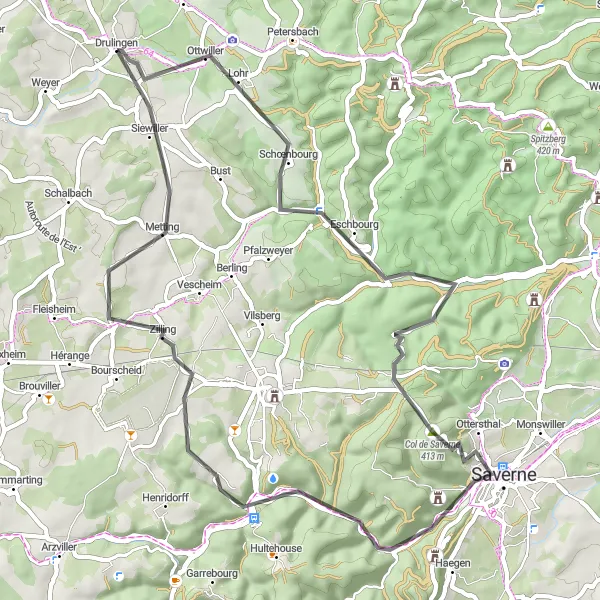 Miniature de la carte de l'inspiration cycliste "Parcours cycliste sur route entre Ottwiller et Siewiller" dans la Alsace, France. Générée par le planificateur d'itinéraire cycliste Tarmacs.app