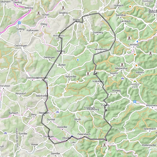 Miniature de la carte de l'inspiration cycliste "Itinéraire cycliste panoramique de Drulingen vers Ottwiller et Rocher Blanc" dans la Alsace, France. Générée par le planificateur d'itinéraire cycliste Tarmacs.app