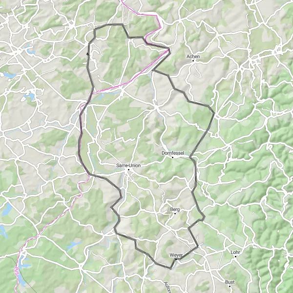 Map miniature of "Ride to Sarrewerden and Beyond" cycling inspiration in Alsace, France. Generated by Tarmacs.app cycling route planner