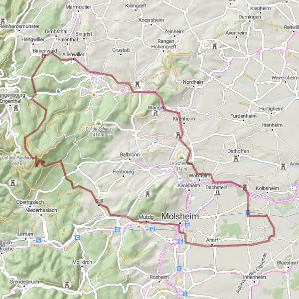 Map miniature of "Scenic Gravel Adventure near Duppigheim" cycling inspiration in Alsace, France. Generated by Tarmacs.app cycling route planner
