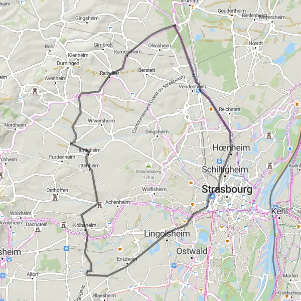 Map miniature of "Road tour around Duppigheim" cycling inspiration in Alsace, France. Generated by Tarmacs.app cycling route planner