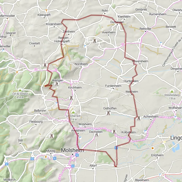 Miniature de la carte de l'inspiration cycliste "Itinéraire Gravel entre Duttlenheim" dans la Alsace, France. Générée par le planificateur d'itinéraire cycliste Tarmacs.app