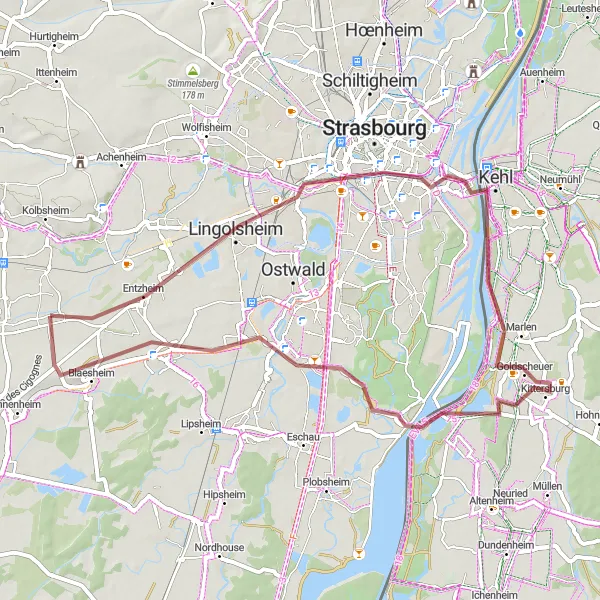 Map miniature of "Entzheim and Strasbourg Gravel Loop" cycling inspiration in Alsace, France. Generated by Tarmacs.app cycling route planner