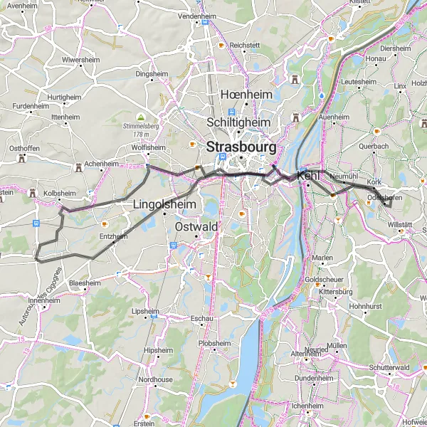 Map miniature of "Entzheim and Strasbourg Scenic Loop" cycling inspiration in Alsace, France. Generated by Tarmacs.app cycling route planner