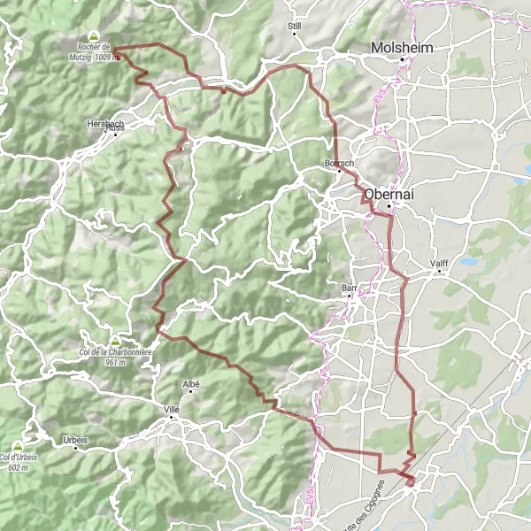 Miniature de la carte de l'inspiration cycliste "Chemin des Vosges" dans la Alsace, France. Générée par le planificateur d'itinéraire cycliste Tarmacs.app