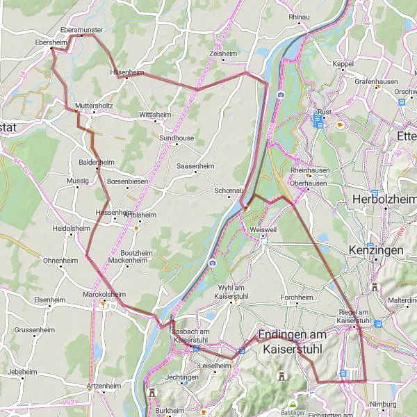 Map miniature of "Gravel Trails of Kaiserstuhl" cycling inspiration in Alsace, France. Generated by Tarmacs.app cycling route planner