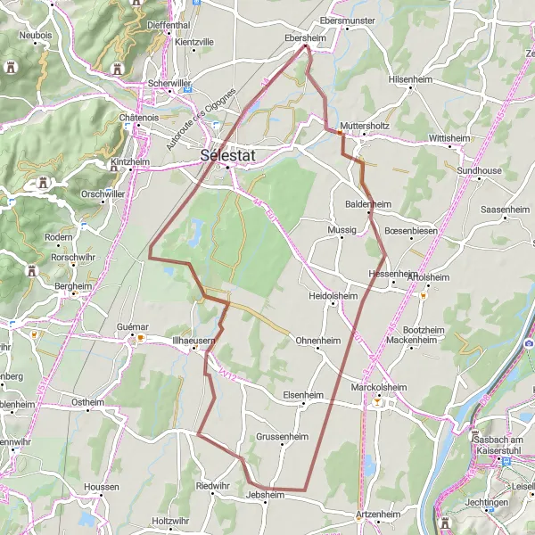 Map miniature of "Rural Gravel Adventure" cycling inspiration in Alsace, France. Generated by Tarmacs.app cycling route planner