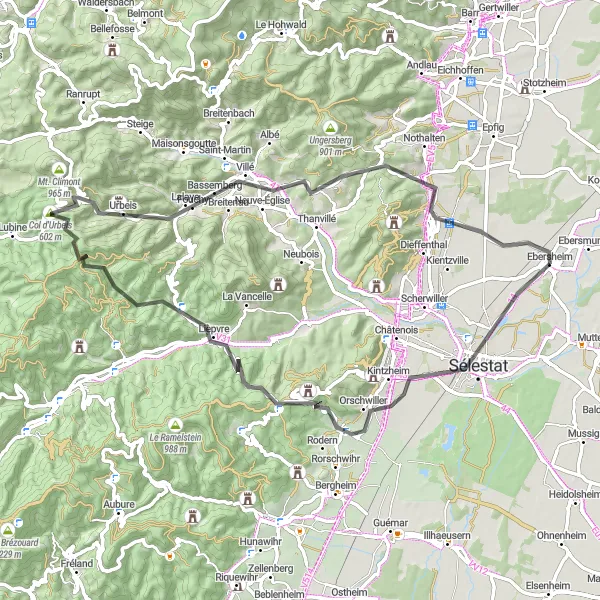 Map miniature of "Rugged Beauty of the Vosges Mountains" cycling inspiration in Alsace, France. Generated by Tarmacs.app cycling route planner