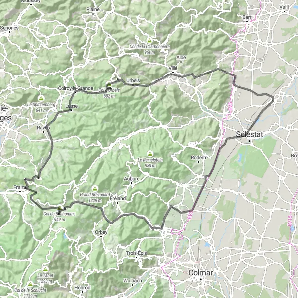 Map miniature of "Alsace Vineyards and Mountain Passes" cycling inspiration in Alsace, France. Generated by Tarmacs.app cycling route planner