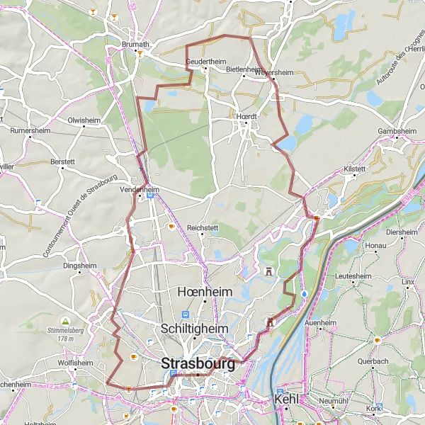 Miniature de la carte de l'inspiration cycliste "Parcours cycliste gravel vers La Wantzenau" dans la Alsace, France. Générée par le planificateur d'itinéraire cycliste Tarmacs.app