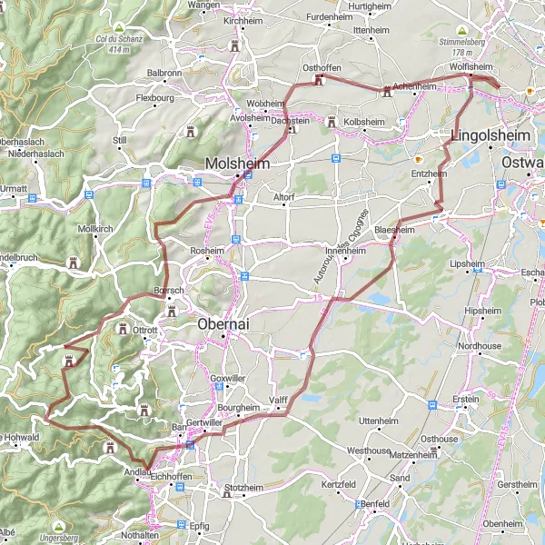 Map miniature of "Gravel Adventure to Achenheim" cycling inspiration in Alsace, France. Generated by Tarmacs.app cycling route planner