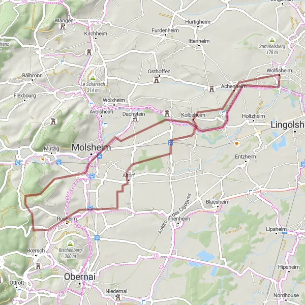 Miniature de la carte de l'inspiration cycliste "Circuit de Kolbsheim et Molsheim" dans la Alsace, France. Générée par le planificateur d'itinéraire cycliste Tarmacs.app