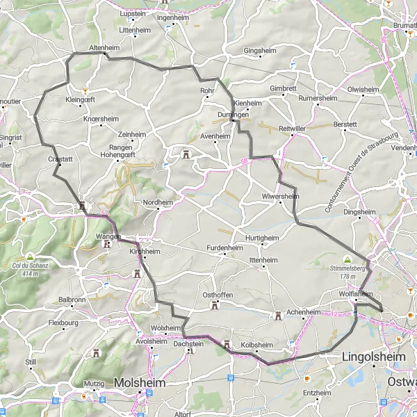 Map miniature of "Challenging Hills of Alsace" cycling inspiration in Alsace, France. Generated by Tarmacs.app cycling route planner