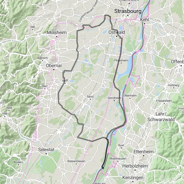 Miniature de la carte de l'inspiration cycliste "Tour des Villages d'Alsace" dans la Alsace, France. Générée par le planificateur d'itinéraire cycliste Tarmacs.app