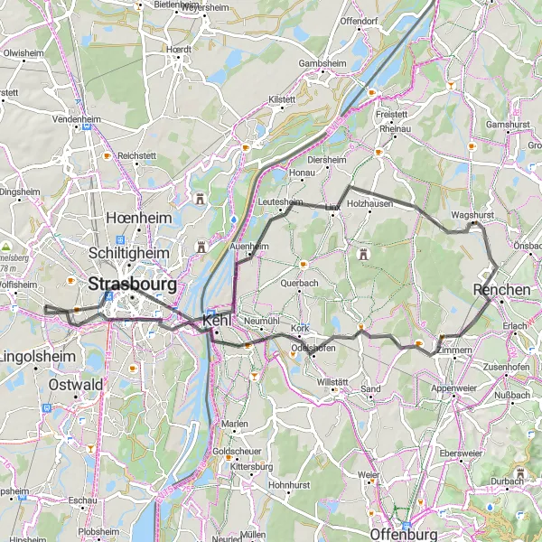 Map miniature of "Strasbourg Delights" cycling inspiration in Alsace, France. Generated by Tarmacs.app cycling route planner