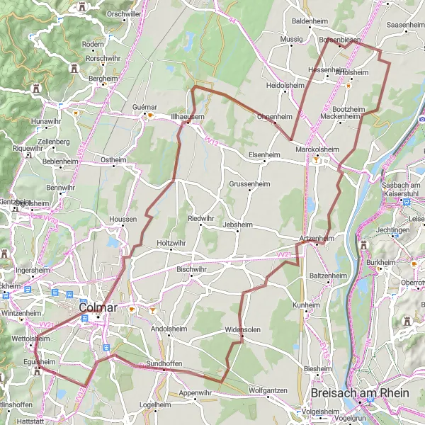 Miniature de la carte de l'inspiration cycliste "Les villages pittoresques d'Alsace" dans la Alsace, France. Générée par le planificateur d'itinéraire cycliste Tarmacs.app