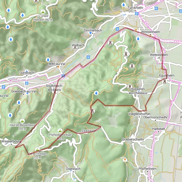 Miniature de la carte de l'inspiration cycliste "Sentiers Secrets des Vosges" dans la Alsace, France. Générée par le planificateur d'itinéraire cycliste Tarmacs.app