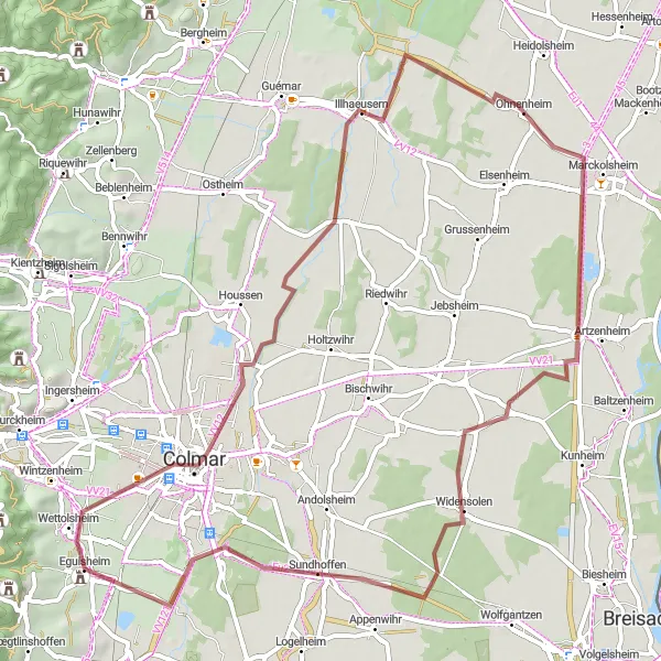 Miniature de la carte de l'inspiration cycliste "Parcours des Vignes d'Alsace" dans la Alsace, France. Générée par le planificateur d'itinéraire cycliste Tarmacs.app