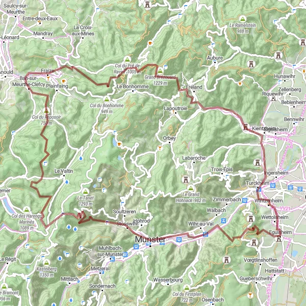 Miniature de la carte de l'inspiration cycliste "Les Hautes Vosges Gravels" dans la Alsace, France. Générée par le planificateur d'itinéraire cycliste Tarmacs.app