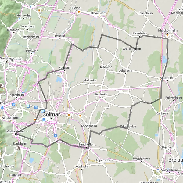 Miniature de la carte de l'inspiration cycliste "Les Vignobles d'Alsace" dans la Alsace, France. Générée par le planificateur d'itinéraire cycliste Tarmacs.app
