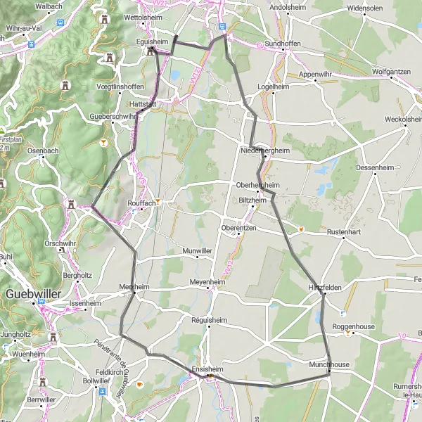 Miniature de la carte de l'inspiration cycliste "Les Châteaux et Domaines Viticoles" dans la Alsace, France. Générée par le planificateur d'itinéraire cycliste Tarmacs.app