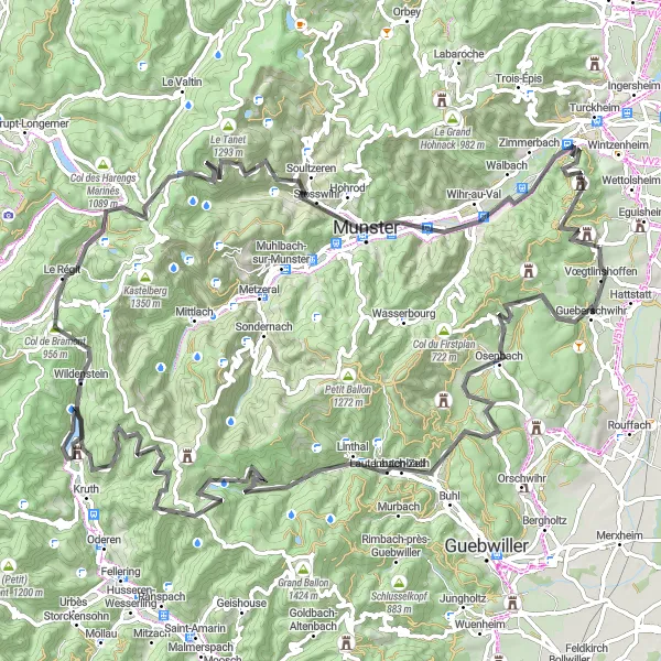 Miniature de la carte de l'inspiration cycliste "Ascension des Crêtes Vosgiennes" dans la Alsace, France. Générée par le planificateur d'itinéraire cycliste Tarmacs.app