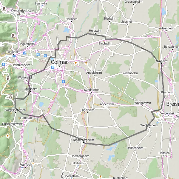 Miniature de la carte de l'inspiration cycliste "Circuit autour de Colmar" dans la Alsace, France. Générée par le planificateur d'itinéraire cycliste Tarmacs.app