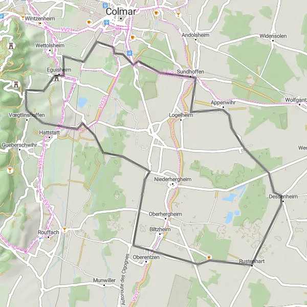 Miniature de la carte de l'inspiration cycliste "Parcours des Cinq Villages" dans la Alsace, France. Générée par le planificateur d'itinéraire cycliste Tarmacs.app
