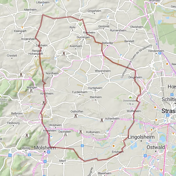 Map miniature of "Challenging Gravel Bike Adventure near Entzheim" cycling inspiration in Alsace, France. Generated by Tarmacs.app cycling route planner