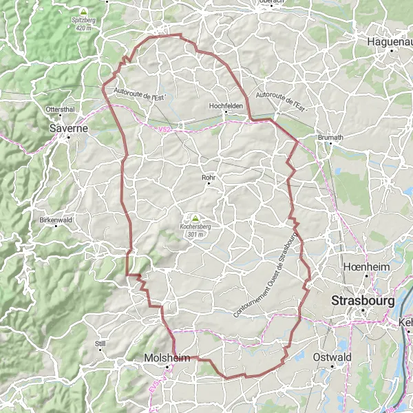 Map miniature of "Legendary Gravel Adventure near Entzheim" cycling inspiration in Alsace, France. Generated by Tarmacs.app cycling route planner