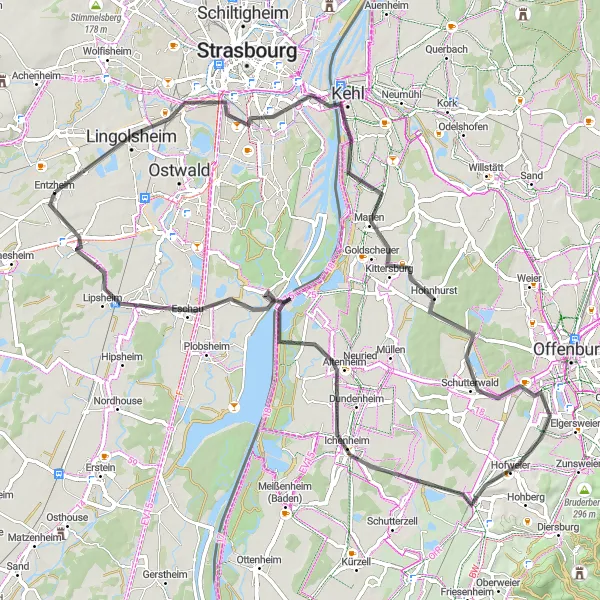 Miniature de la carte de l'inspiration cycliste "Autour de Kehl et du Rhin" dans la Alsace, France. Générée par le planificateur d'itinéraire cycliste Tarmacs.app