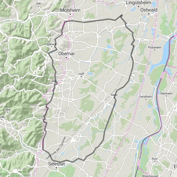 Miniature de la carte de l'inspiration cycliste "Vignobles et Villages d'Alsace" dans la Alsace, France. Générée par le planificateur d'itinéraire cycliste Tarmacs.app