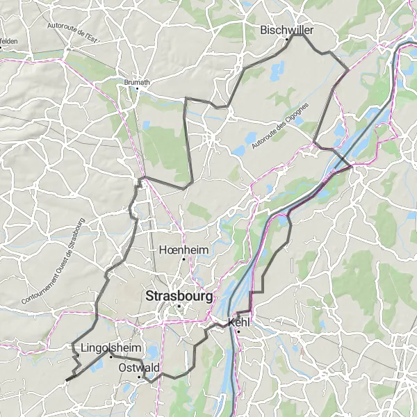 Map miniature of "Roads Less Traveled" cycling inspiration in Alsace, France. Generated by Tarmacs.app cycling route planner