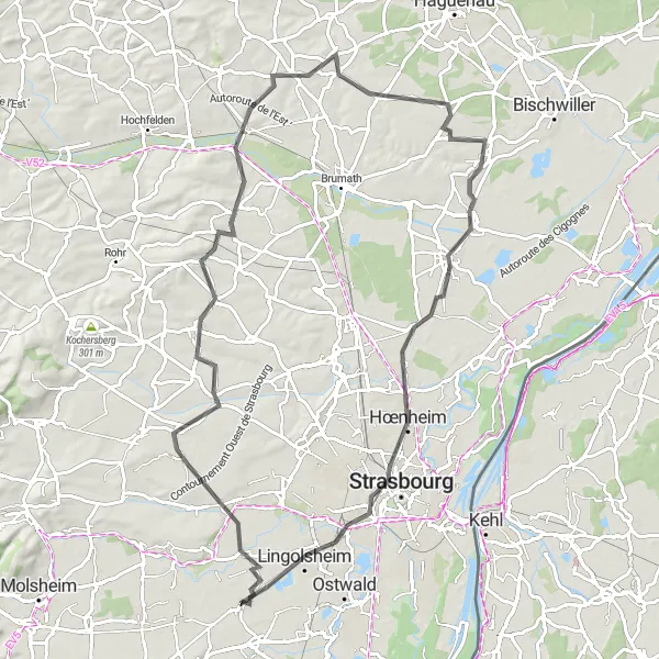 Miniature de la carte de l'inspiration cycliste "Parcours Holtzheim - Toit du Parking Wodli" dans la Alsace, France. Générée par le planificateur d'itinéraire cycliste Tarmacs.app