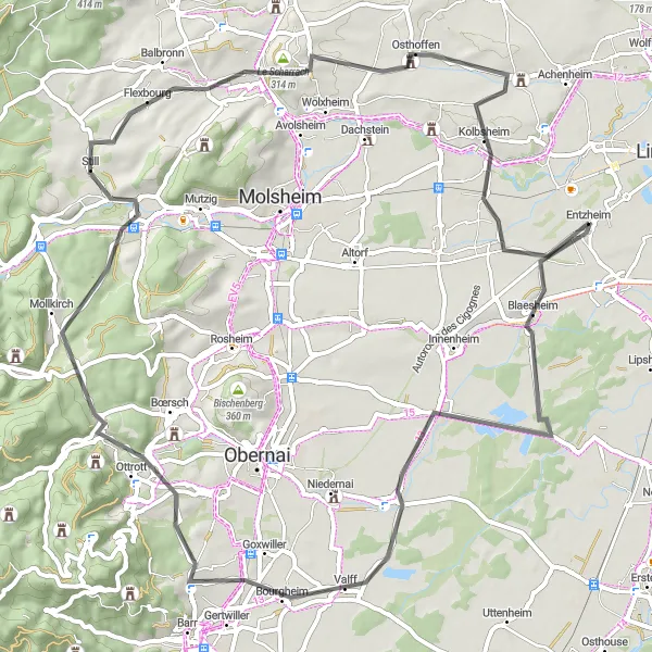 Miniature de la carte de l'inspiration cycliste "Circuit des Châteaux et des Vignes" dans la Alsace, France. Générée par le planificateur d'itinéraire cycliste Tarmacs.app