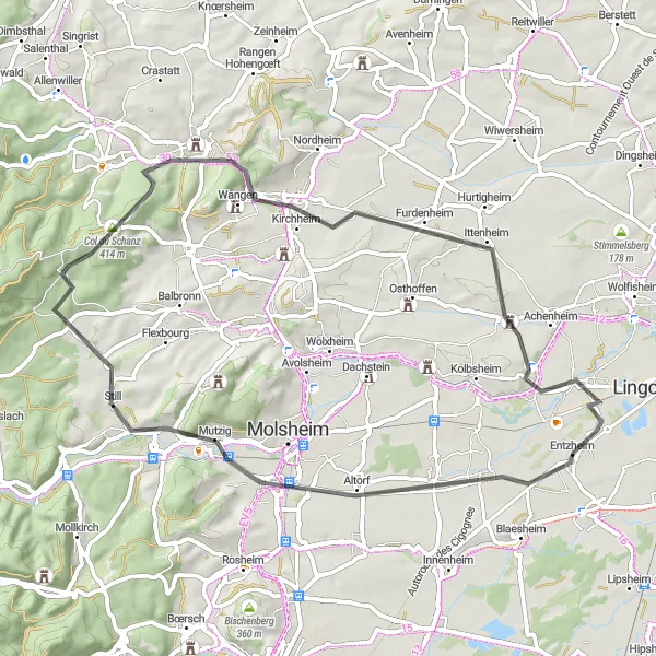 Map miniature of "Road to Wasselonne" cycling inspiration in Alsace, France. Generated by Tarmacs.app cycling route planner