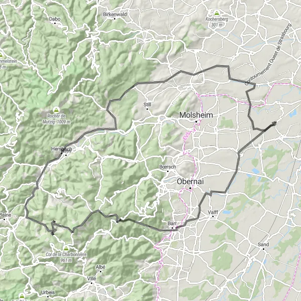 Map miniature of "Alsace Road Adventure" cycling inspiration in Alsace, France. Generated by Tarmacs.app cycling route planner