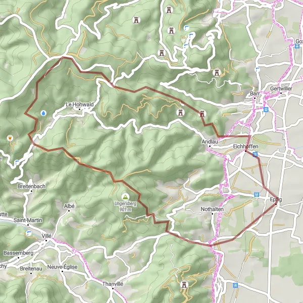 Miniature de la carte de l'inspiration cycliste "Les vignobles et les montagnes" dans la Alsace, France. Générée par le planificateur d'itinéraire cycliste Tarmacs.app